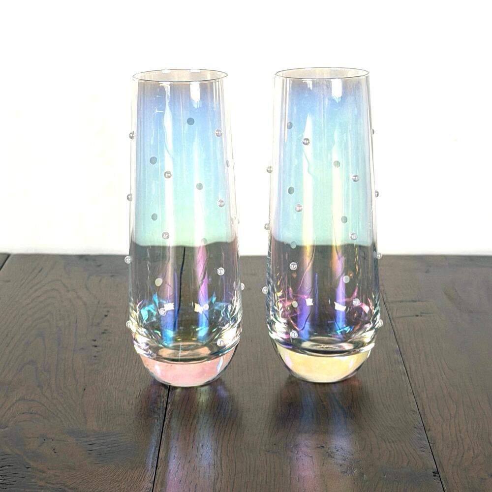 Iridescent Champagne Glasses Set of 2 Pearl Embellished Stemless Wedding